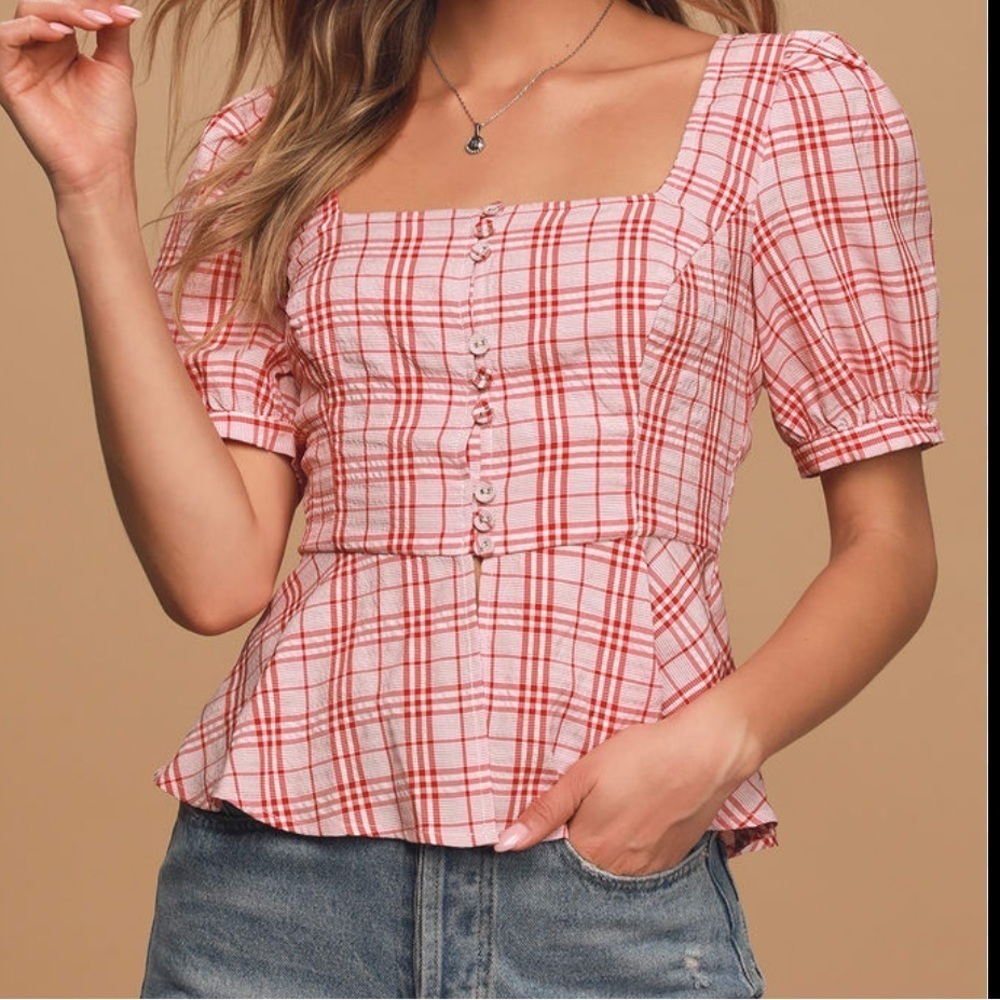 Lulu’s Red Plaid Puff Sleeve Peplum Blouse Women’s Button-Up Top Y2K Style